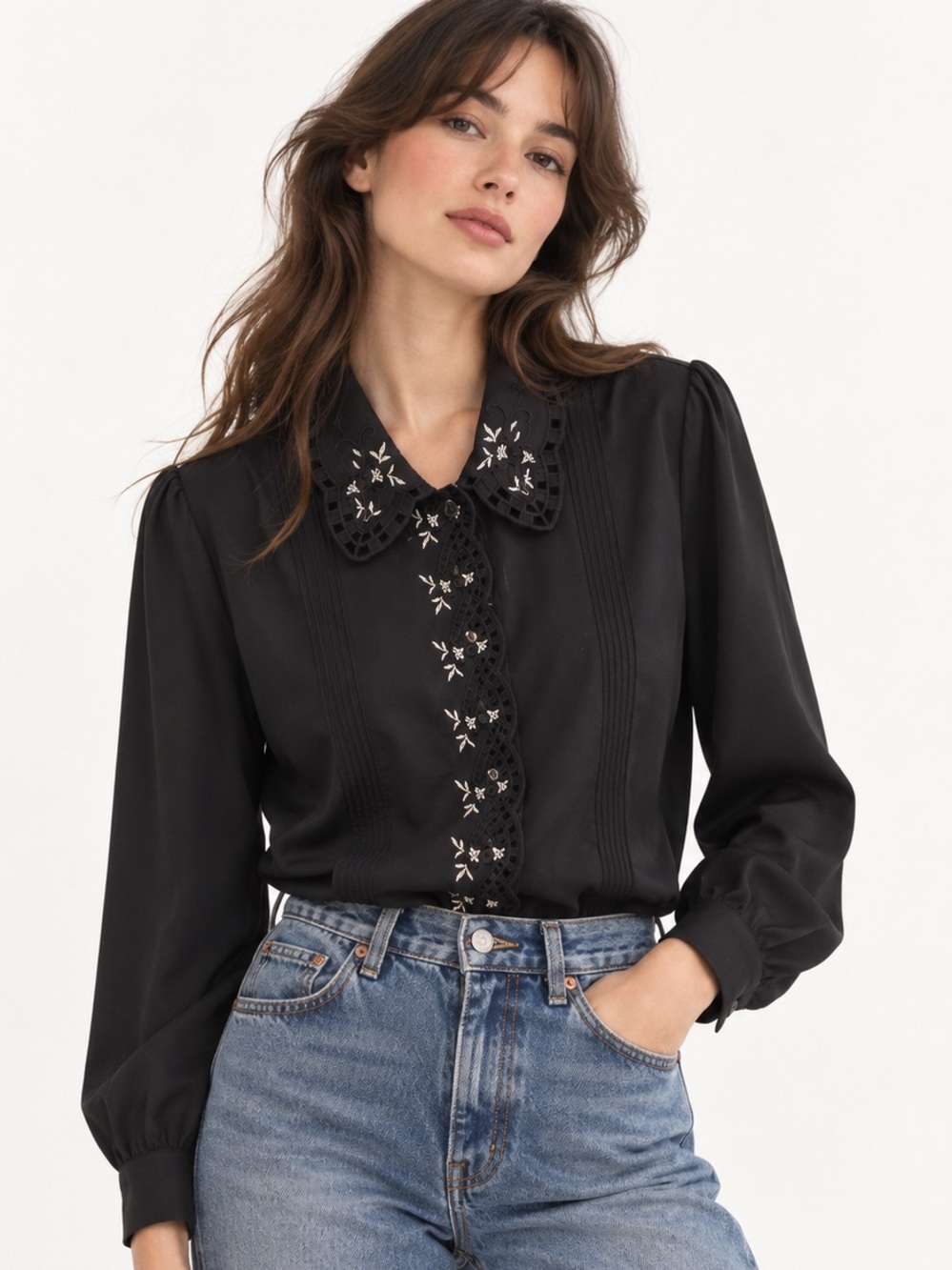Vintage Goldie Black Blouse with Eyelet and Embroidered Collar